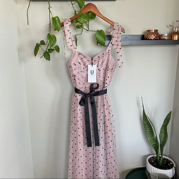 NWT Dusty Pink And Black Polka Dot Mesh Maxi Dress - Picture 4 of 6